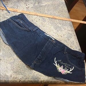 Floral Embroidered Blue Jeans pocket belt. Adventure awaits iron on design. W 46